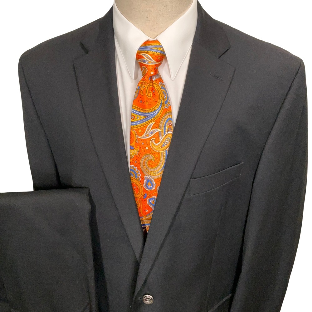 Chaps Suit Mens 46L Black 2-Button Crest Metal Buttons Preppy Corporate Wool